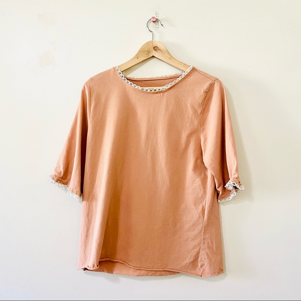 Retro Beige Tan Blouse half sleeve with lace detail round neck top Medium